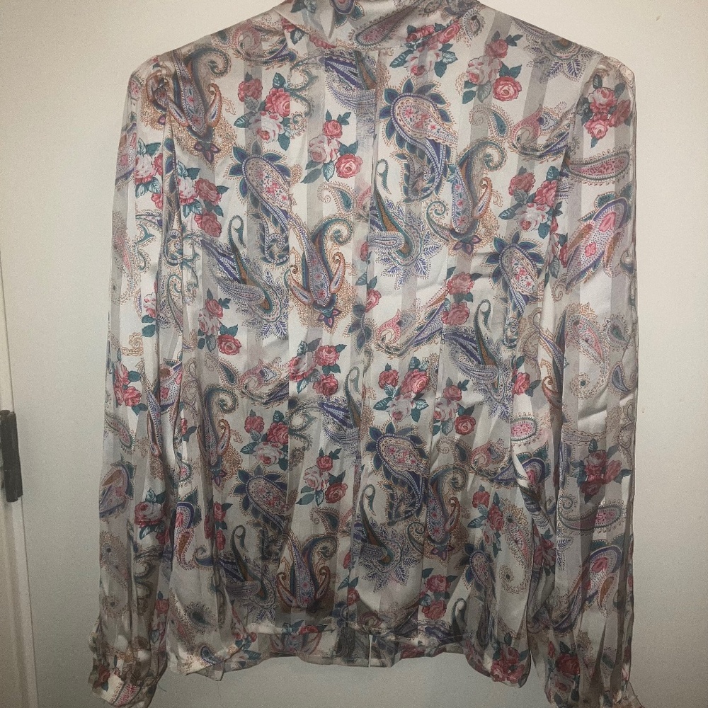 Simi sheer vintage pink and blue paisley button-down blouse
